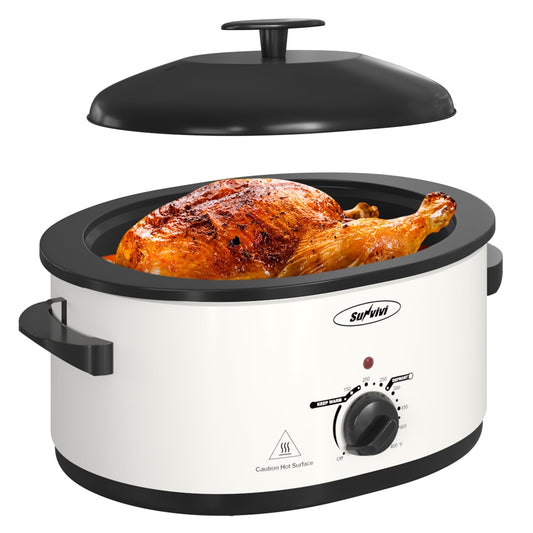 Sunvivi Roaster Oven with Self-Basting Lid, 8qt Electric Roaster with Removable Pan & Rack, Turkey Roaster Oven with Defrost & Warm Function, Stainless Steel, White