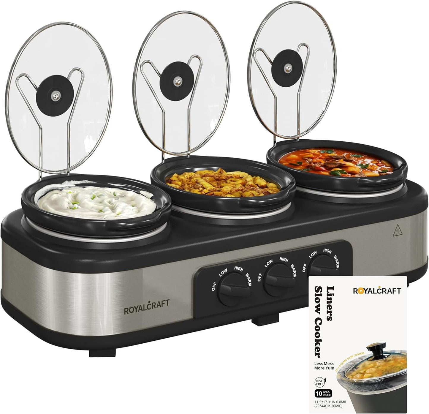Sunvivi Slow Cooker with 10 Cooking Liners for Parties with 3 Spoons, Lid Rests, Total 4.5QT, Silver