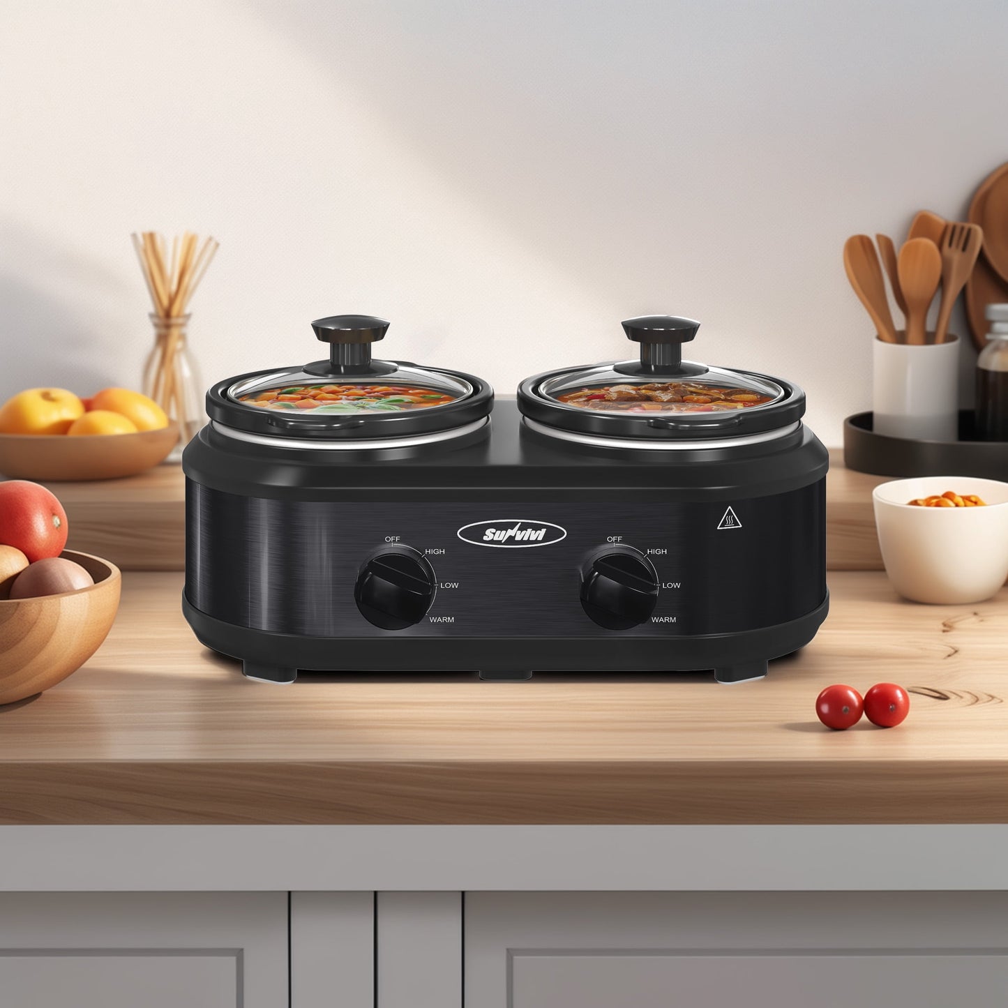 Sunvivi Small Double Slow Cooker, 2 Pot 1.25 Quart Oval Crock Food Warmer Buffet Server, Stainless Steel, Black