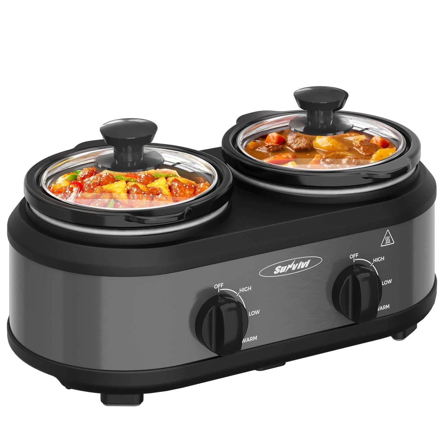Sunvivi Small Double Slow Cooker, 2 Pot 1.25 Quart Oval Crock Food Warmer Buffet Server, Stainless Steel, Gray