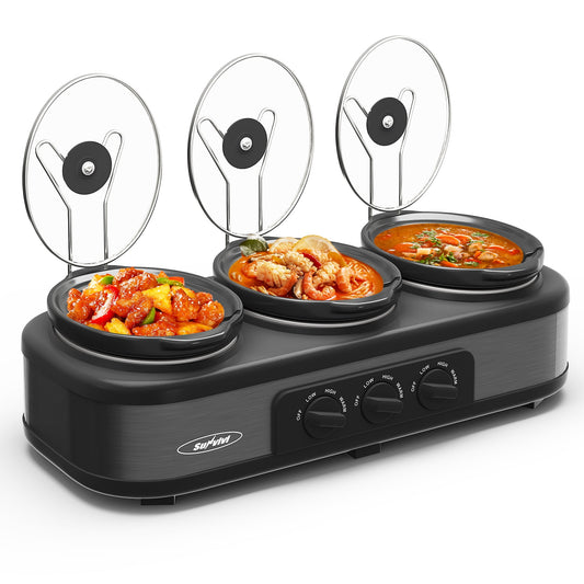Sunvivi Triple Slow Cooker with 3 Spoons, 3 Pot 1.5 Quart Oval Crock Food Warmer Buffet Server, Stainless Steel, Gray