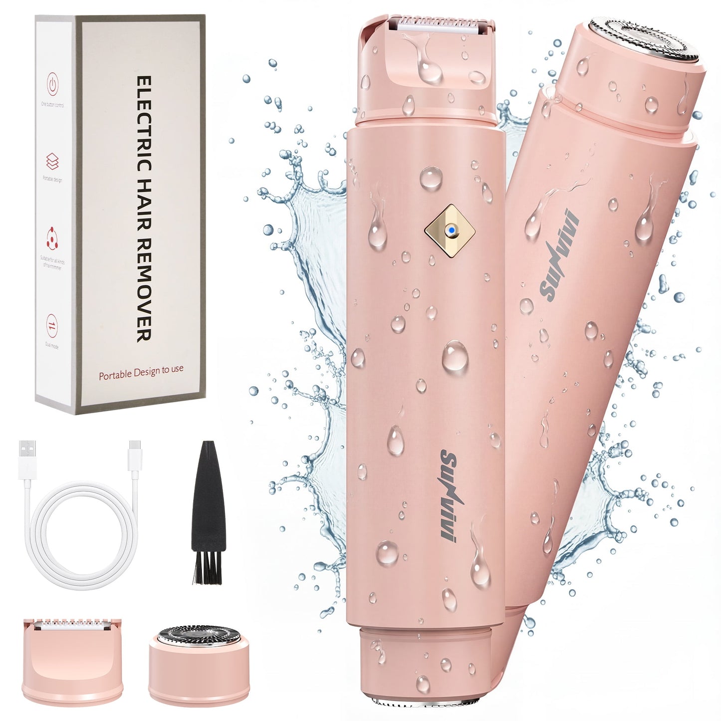Sunvivi Versatile 2-in-1 Electric Bikini Trimmer for Women: Waterproof Pubic Razor for Face Body Bikini Underarm Leg Arm, Pink
