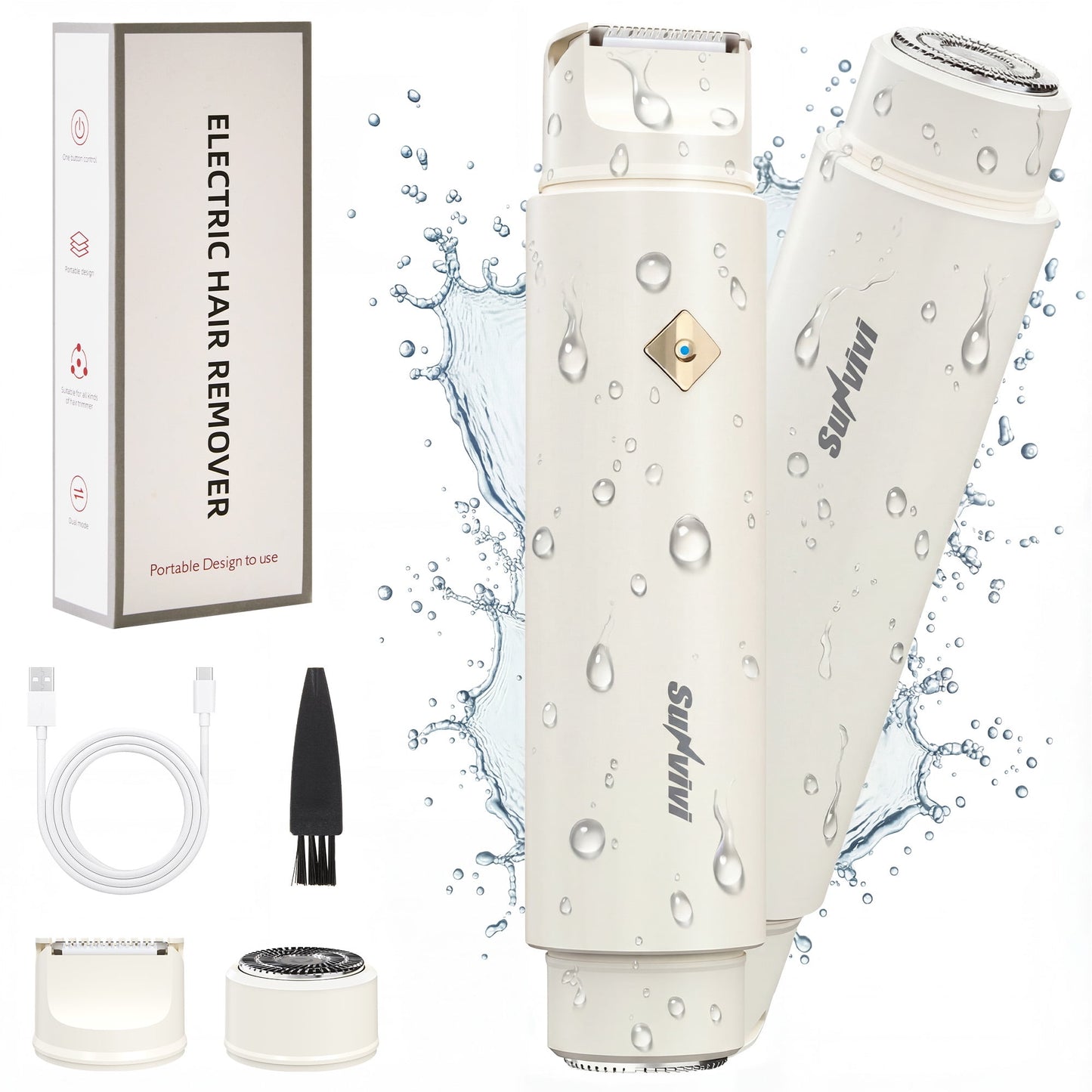Sunvivi Versatile 2-in-1 Electric Bikini Trimmer for Women: Waterproof Pubic Razor for Face Body Bikini Underarm Leg Arm, White