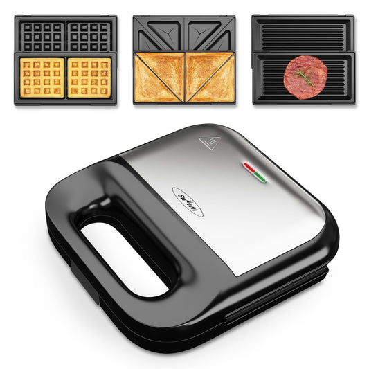 Sunvivi Sandwich Maker Panini Press Waffle Maker with 3-in-1 - Removable Plates, 750W