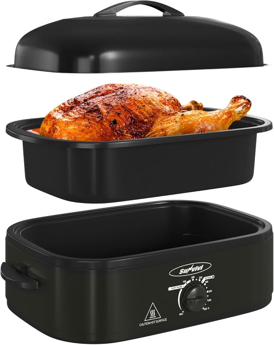 Superjoe 14 QT Electric Roaster Oven with Self-Basting Lid, Removable Pan and Rack, Stainless Steel, Black