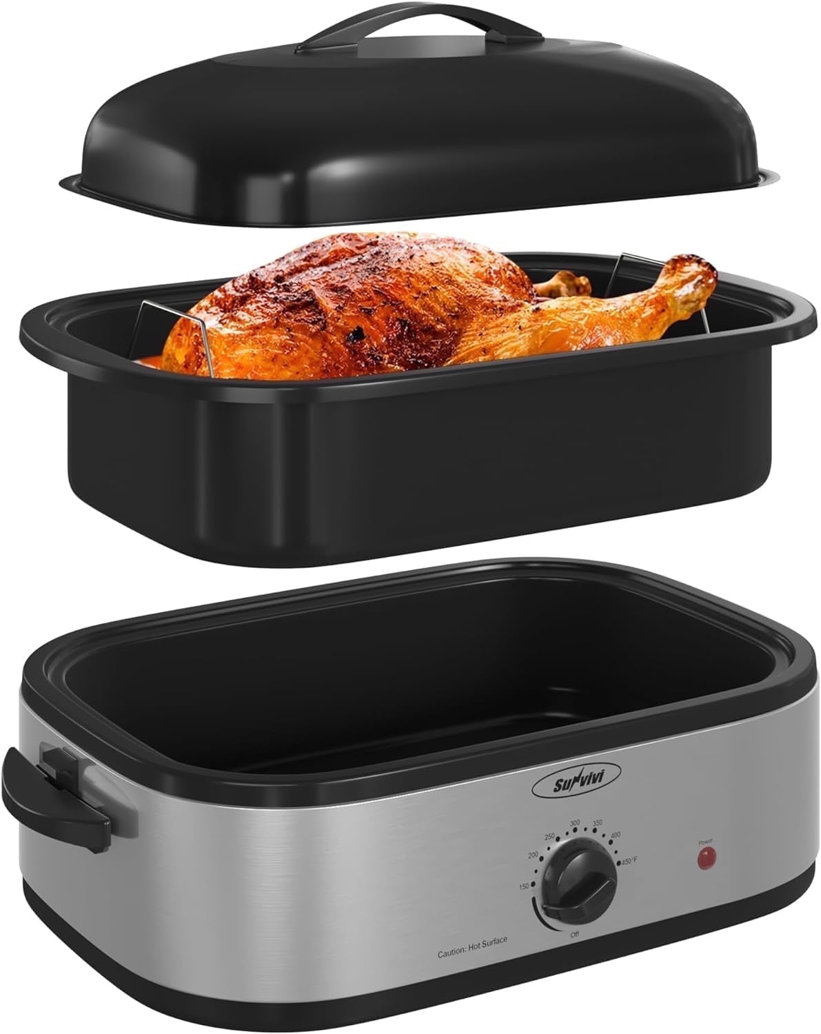 Superjoe 14QT Electric Roaster Oven with Self-Basting Lid, Removable Pan and Rack, Stainless Steel, Silver