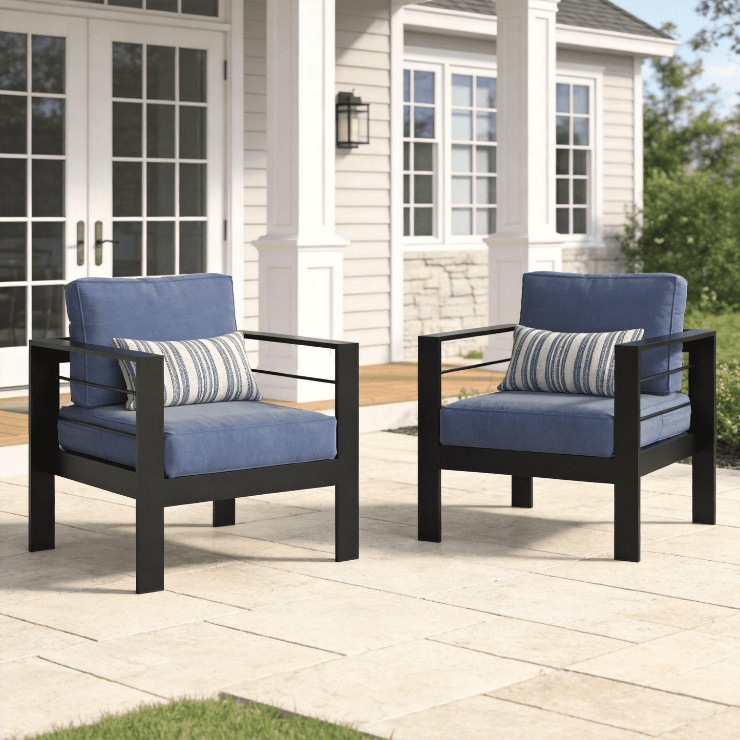 Heynemo Metal Patio Furniture Chairs Set of 2, Aluminum Outdoor Armchairs with Cushions, Blue