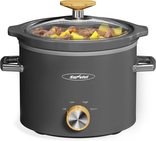 Superjoe 2 Quart Slow Cooker with 3 Heating Settings, Removable Ceramic Pot, and Dishwasher Safe Lid, Grey