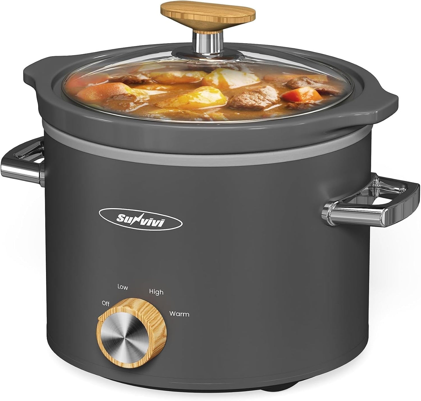 Superjoe 2 Quart Slow Cooker, Small Slow Cooker with Removable Ceramic Pot, Slow Cooker Food Warmer with 3 Heating Settings & Dishwasher Safe Glass Lid, Grey