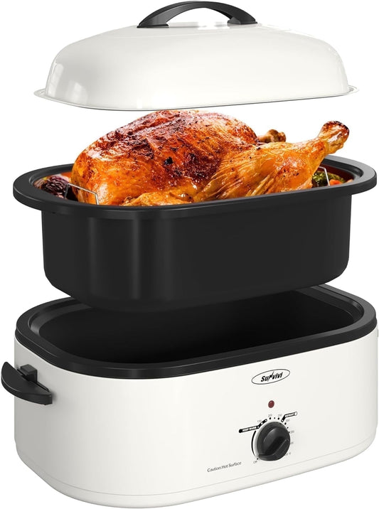 Superjoe 20 Quart Electric Roaster Oven with Self-Basting Lid, Turkey Roaster Oven Buffet with Removable Pan, Cool-Touch Handles, White