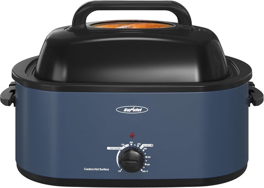 Superjoe 22 Quart Electric Roaster Oven with Self-Basting Lid, Turkey Roaster Oven Buffet with Removable Pan, Cool-Touch Handles, Blue