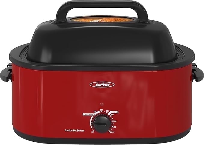 Superjoe 22 QT Electric Roaster Oven, with Self-Basting Lid, Stainless Steel Roaster Pan, Red