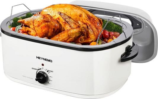 Superjoe 22 Quart Electric Roaster Oven with Self-Basting Lid, Turkey Roaster Oven Buffet with Removable Pan, Cool-Touch Handles, White