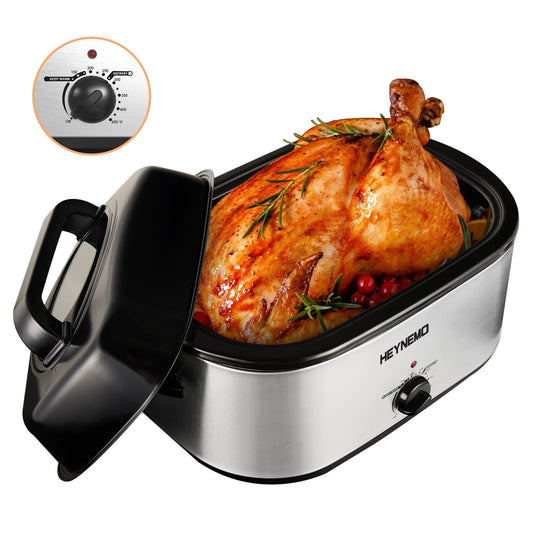 Superjoe 24 Quart Electric Roaster Oven, Stainless Steel Turkey Roaster Oven Buffet with Self-Basting Lid Removable Pan, Silver