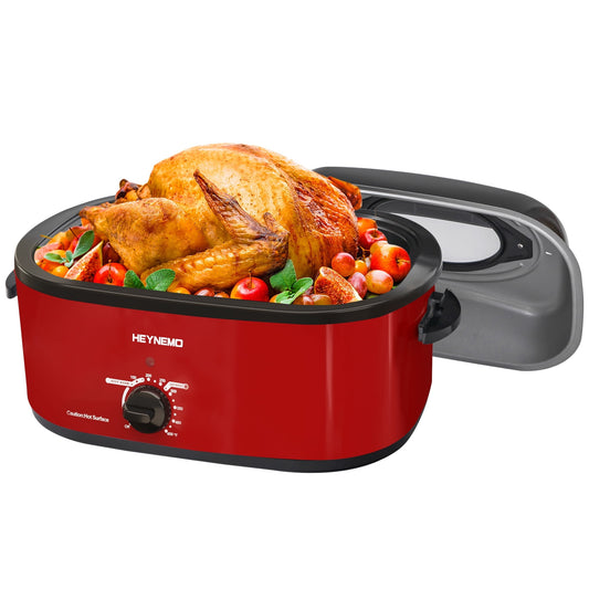 Superjoe 24 Quart Roaster Oven with Self-Basting Lid, Electric Turkey Roaster with Thaw & Warm Function, Adjustable Temperature Roaster With Removable Pan & Rack, Stainless Steel, Red