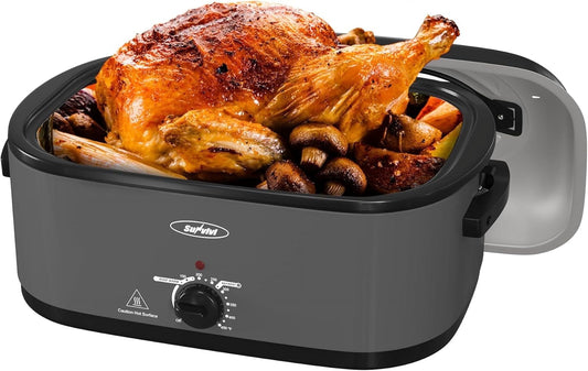 Superjoe 26 QT Electric Roaster Oven, Stainless Steel Self-Basting Lid Removable Pan, Grey