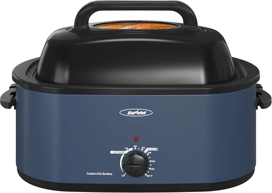 Superjoe 26 Quart Electric Roaster Oven with Self-Basting Lid, Turkey Roaster Oven Buffet with Removable Pan, Cool-Touch Handles, Blue