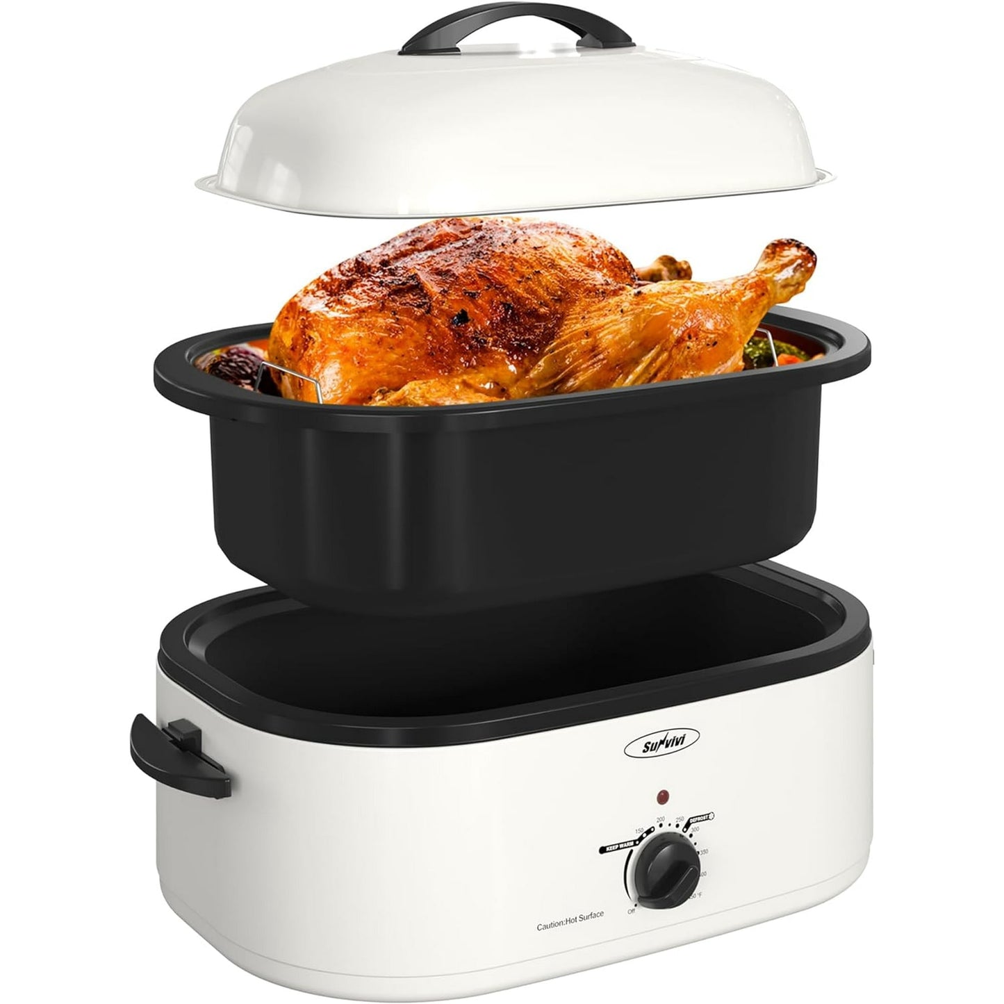 Superjoe 18 Quart Roaster Oven with Self-Basting Lid Removable Pan Electric Turkey Roaster Stainless Steel, White