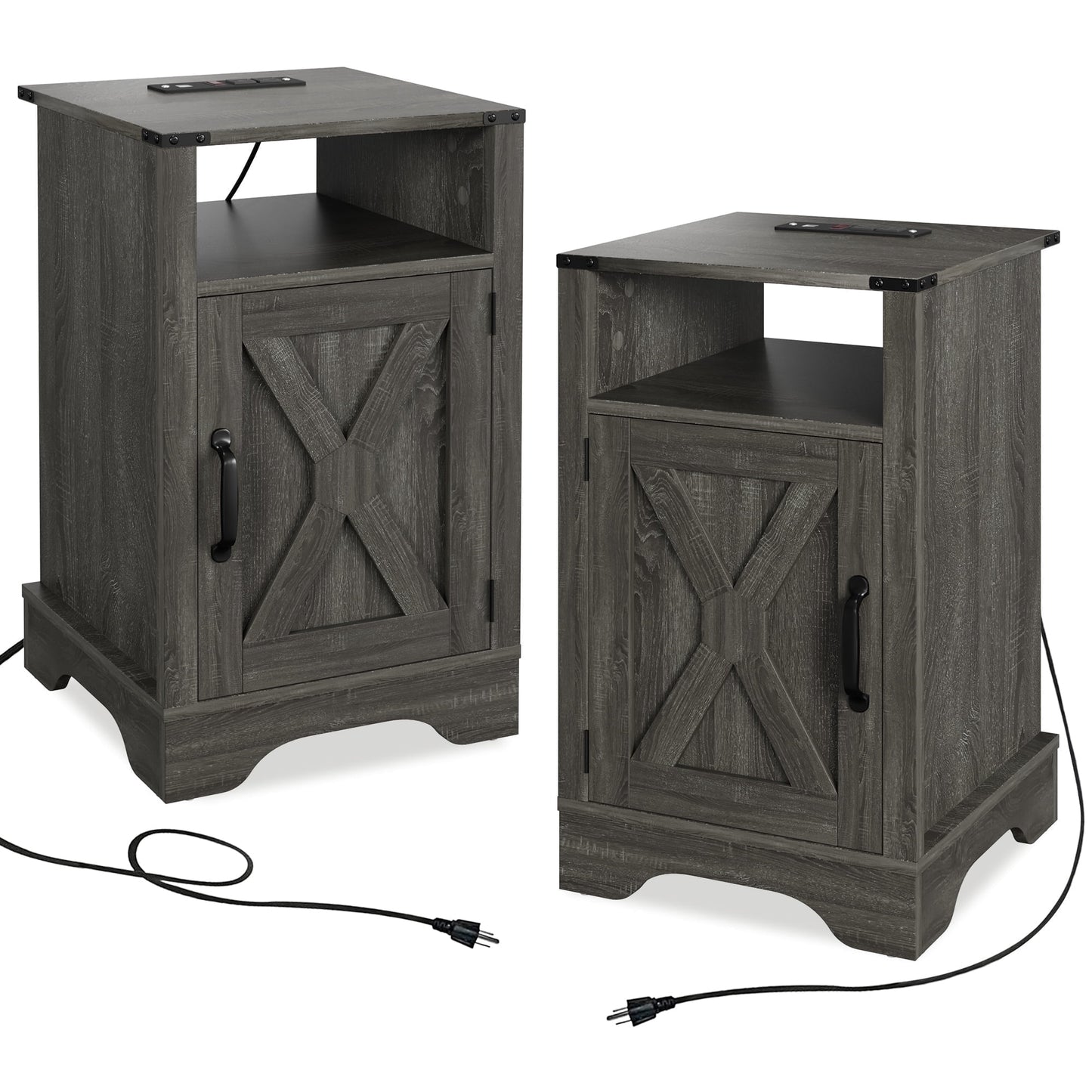 Superjoe 2Pcs Farmhouse Nightstand w/Charging Station, Wooden Rustic Tall Bedside Table, End Table w/Storage Shelf & Shelf for Bedroom, Living Room, Dark Gray