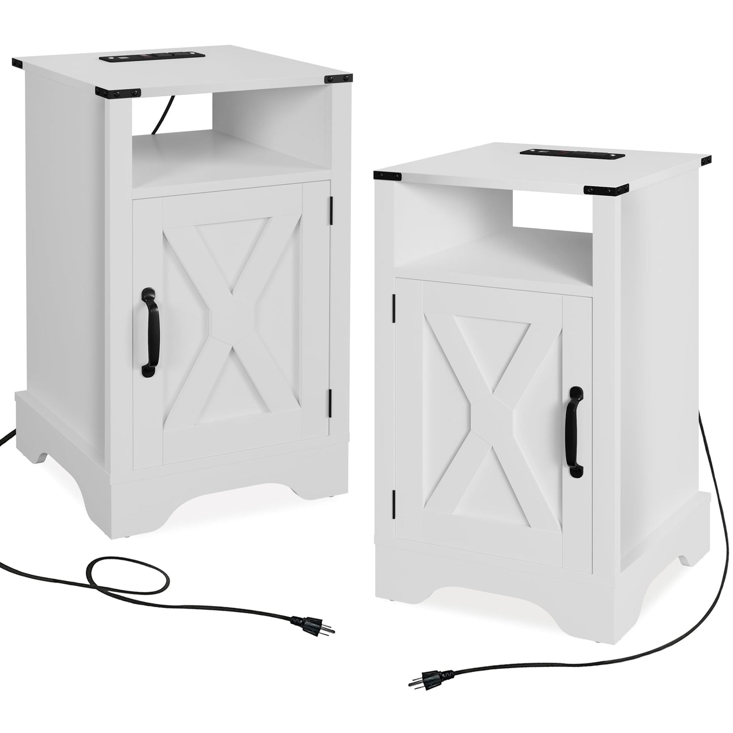 Superjoe 2Pcs Farmhouse Nightstand with Charging Station, Wooden Rustic Tall Bedside Table, End Table with Storage Shelf & Shelf for Bedroom, Living Room, White