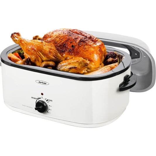 Superjoe 22 QT Electric Roaster Oven, with Self-Basting Lid, Stainless Steel Roaster Pan, White
