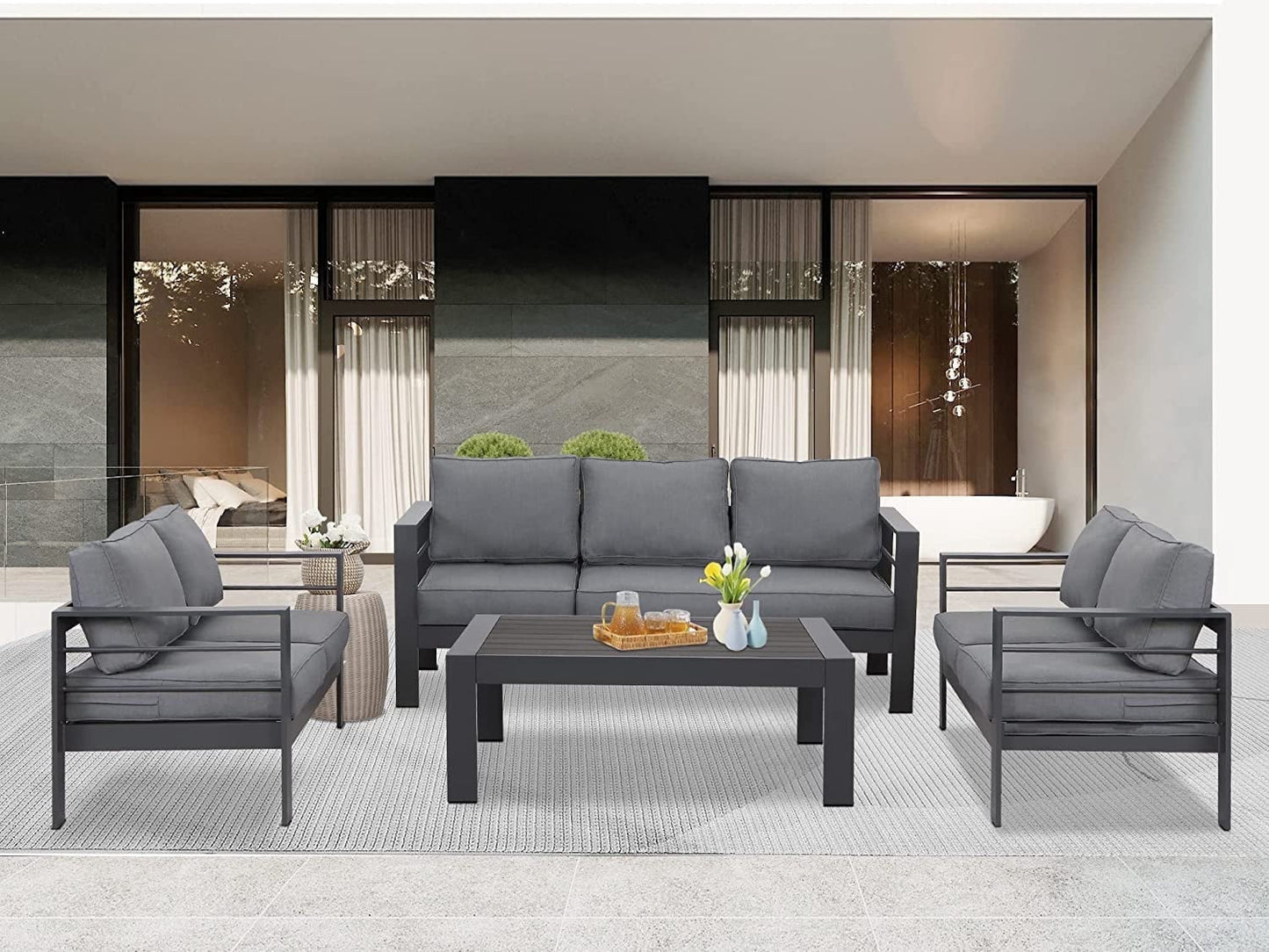 Heynemo 4 Pcs Outdoor Furniture Sofa Set Aluminum Patio Conversation Set With Coffee Table and 5 Inches Cushions, Gray