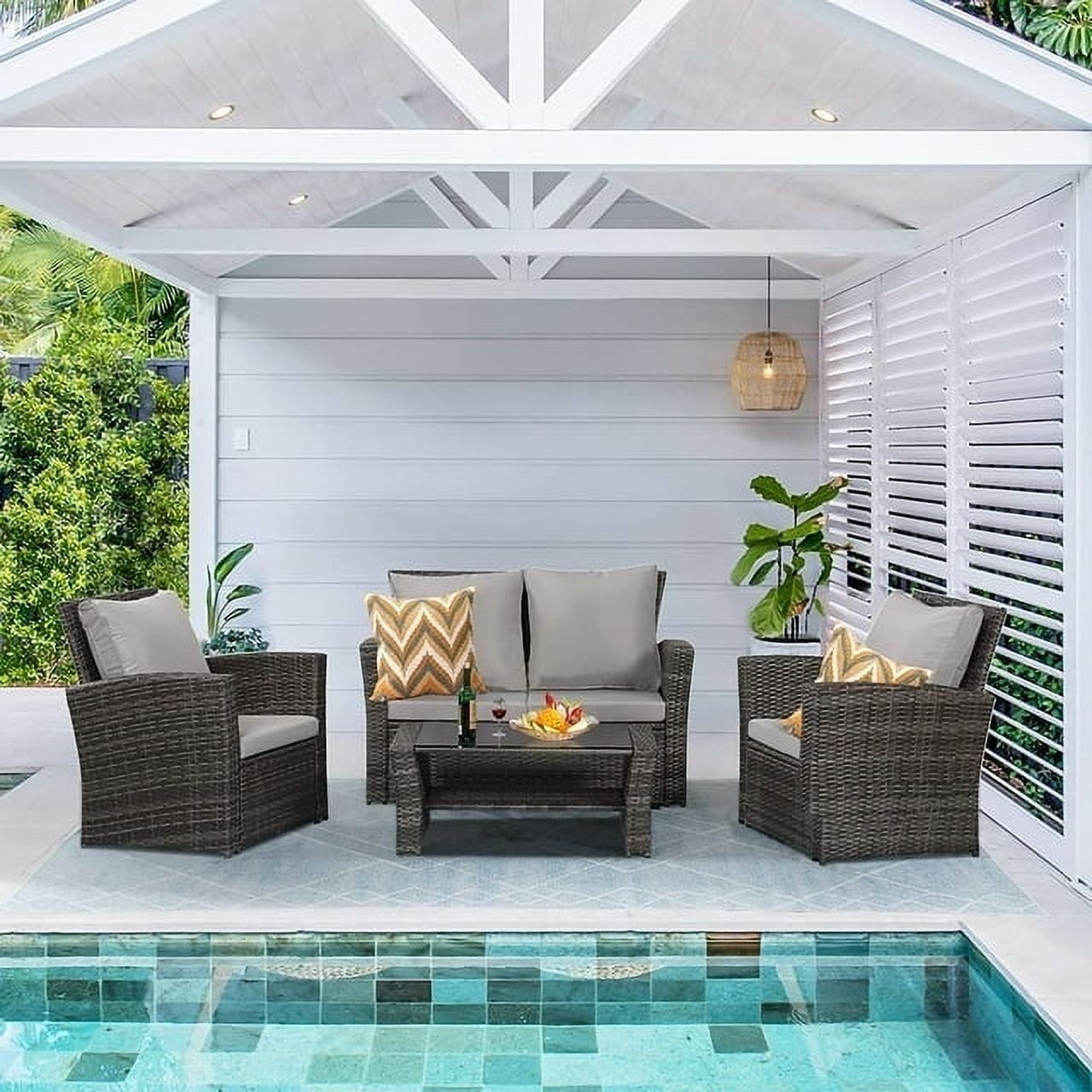Superjoe 4 Pcs Outdoor Patio Furniture Set Wicker Sectional Sofa with Coffee Table,Gray