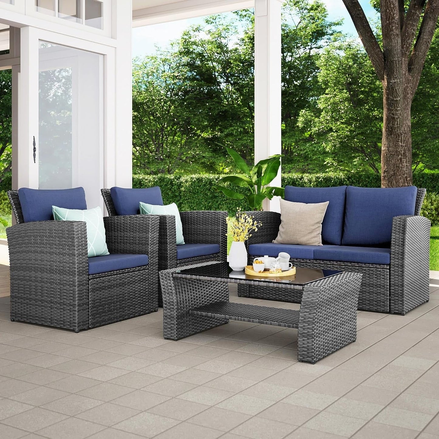 Superjoe 4 Pcs Outdoor Patio Furniture Sets, Wicker Rattan Conversation Set, Gray Rattan Blue Cushion