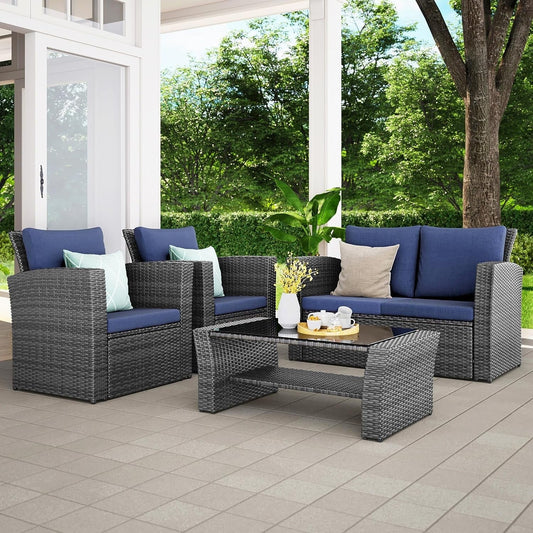 Superjoe 4 Pcs Outdoor Patio Furniture Sets, Wicker Rattan Conversation Set, Gray Rattan Blue Cushion