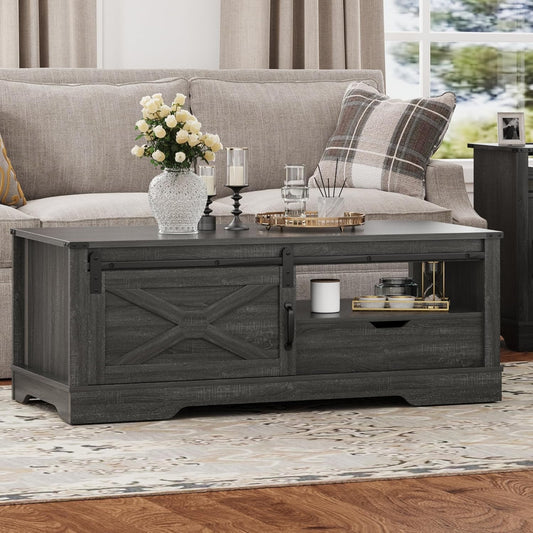 Superjoe 48" Farmhouse Coffee Table w/Storage & Sliding Barn Door Wood Rectangular Center Table w/Open Shelves for Living Room, Dark Gray