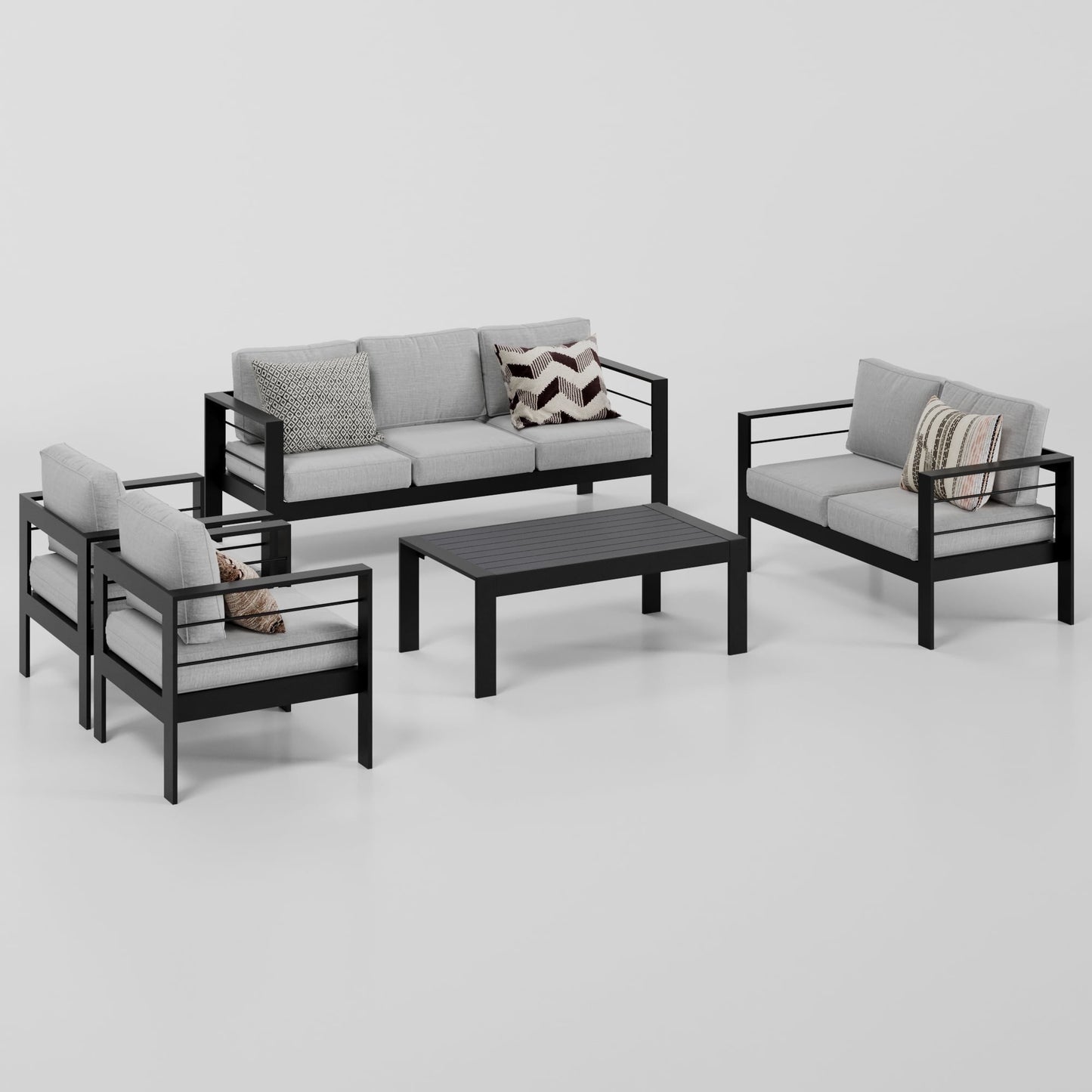 Superjoe 5 Pcs Outdoor Aluminum Furniture Set 7 Seats Patio Sectional Sofa Conversation Set Chat Counch Chair with Table Black Frame Light Gray Cushion