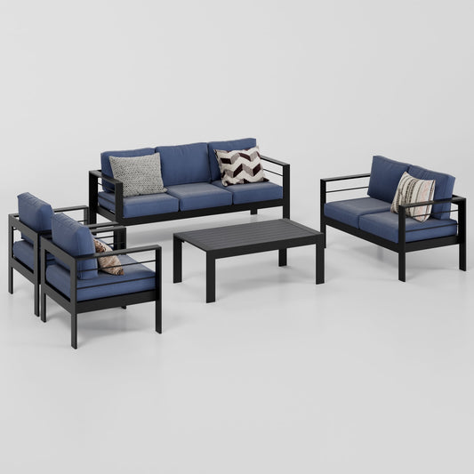Superjoe 5 Pcs Outdoor Aluminum Furniture Set 7 Seats Patio Sectional Sofa Conversation Set Chat Counch Chair with Table Black Frame Blue Cushion