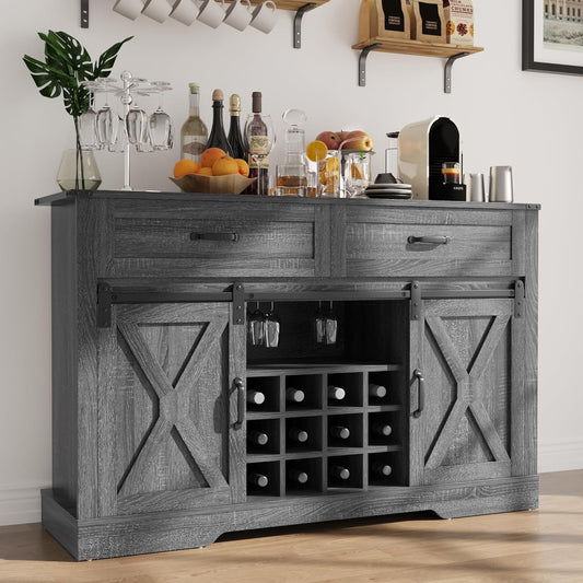 Superjoe 52" Buffet Storage Cabinet Farmhouse Sideboard w/12 Removable Wine Rack & Drawers, Rustic Coffee Bar Cabinet w/Glass Rack & Sliding Barn Door, Dark Grey