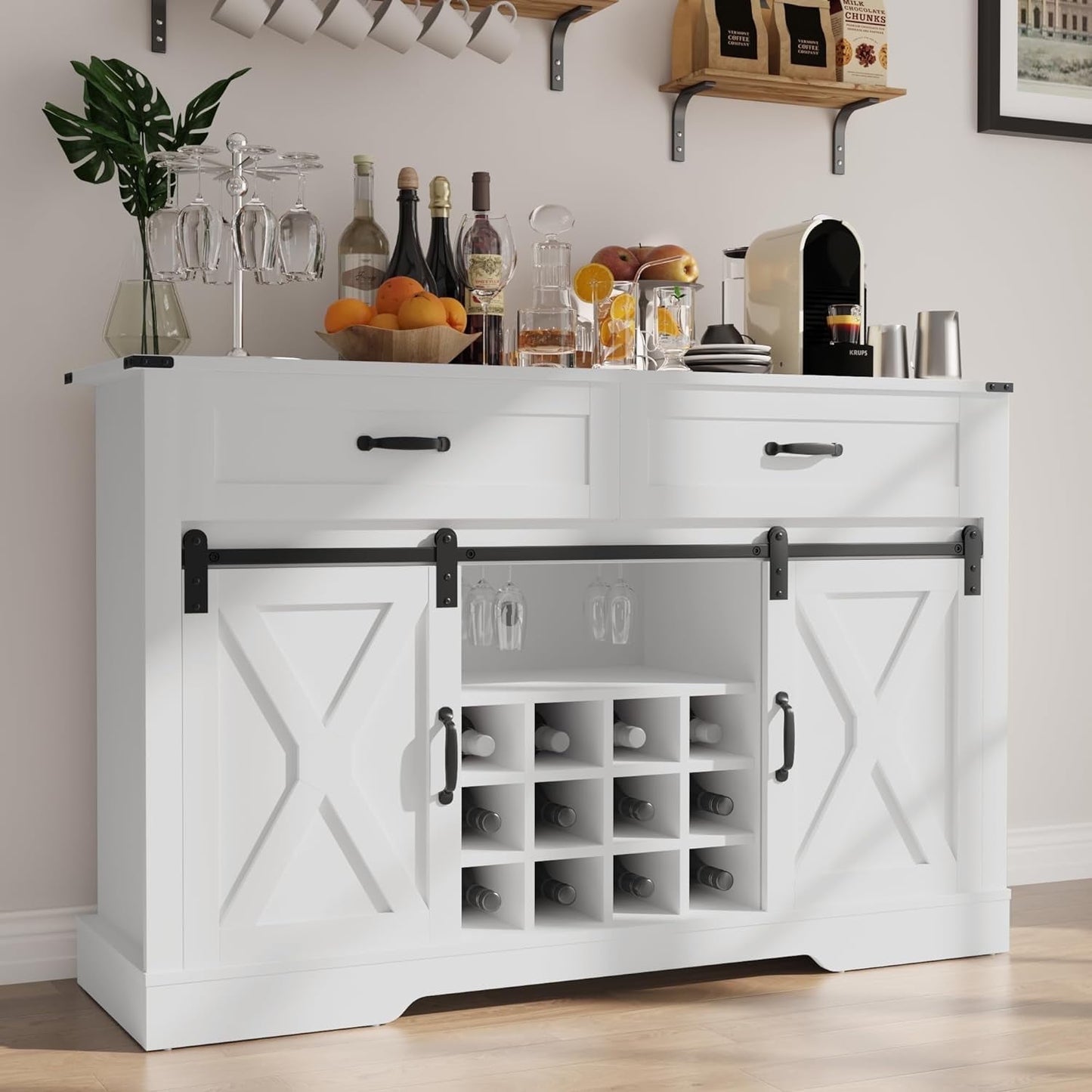 Superjoe 52" Buffet Storage Cabinet Farmhouse Sideboard w/12 Removable Wine Rack & Drawers, Rustic Coffee Bar Cabinet w/Glass Rack & Sliding Barn Door, Dark Grey