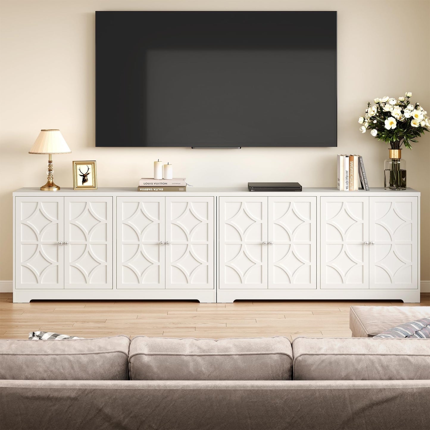 Heynemo 56'' Modern Kitchen Buffet Table with 4 Doors and Adjustable Shelves, Sideboard Buffet Cabinet with Storage, Wood Credenza Accent Coffee Bar Cabinet for Entryway, Living Room,Matte White