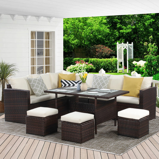Superjoe 7 Pcs Outdoor Conversation Set All Weather Wicker Sectional Sofa Set Dining Table Chair and Ottoman,Steel Frame,Ivory