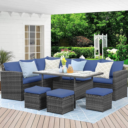 Superjoe 7 Pcs Outdoor Patio Furniture Set Dining Sectional Sofa with Table and Chair All Weather Wicker Conversation Set with Ottoman, Blue