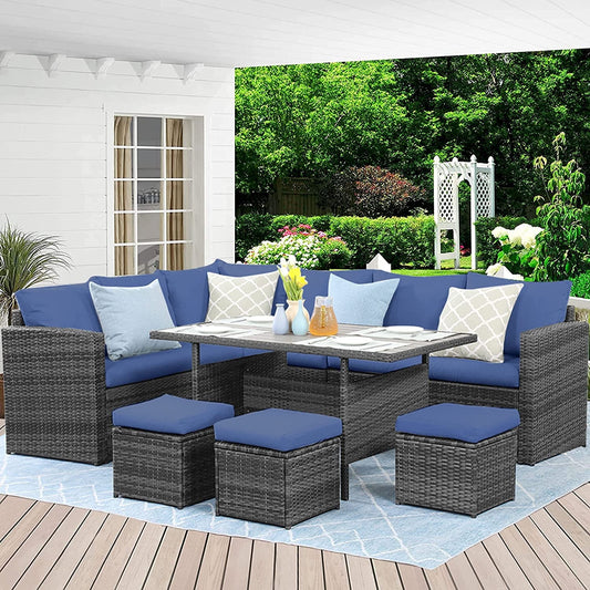 Superjoe 7 Pcs Outdoor Patio Furniture Set Dining Sectional Sofa with Table and Chair All Weather Wicker Conversation Set with Ottoman, Blue