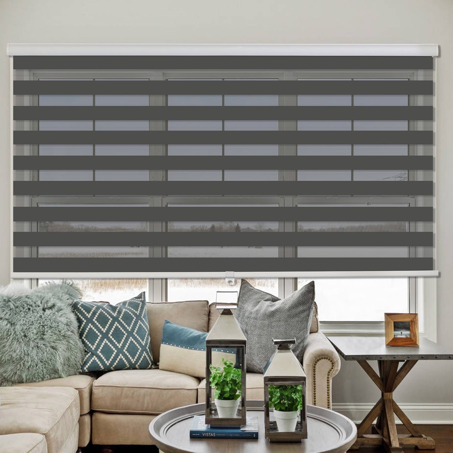 Superjoe 73W X 72"H Dual Layer Zebra Roller Shades Cordless Blinds for Windows, Sheer or Privacy, White