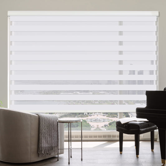 Superjoe 73W X 72"H Dual Layer Zebra Roller Shades Cordless Blinds for Windows, Sheer or Privacy, White