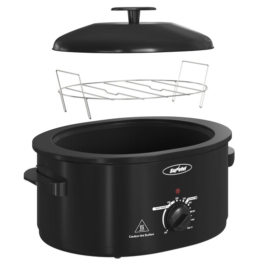 Superjoe 8 QT Electric Roaster Oven with Self-Basting Lid, Turkey Roaster Oven with Defrost Warm Function, Removable Pan and Rack, Stainless Steel Black
