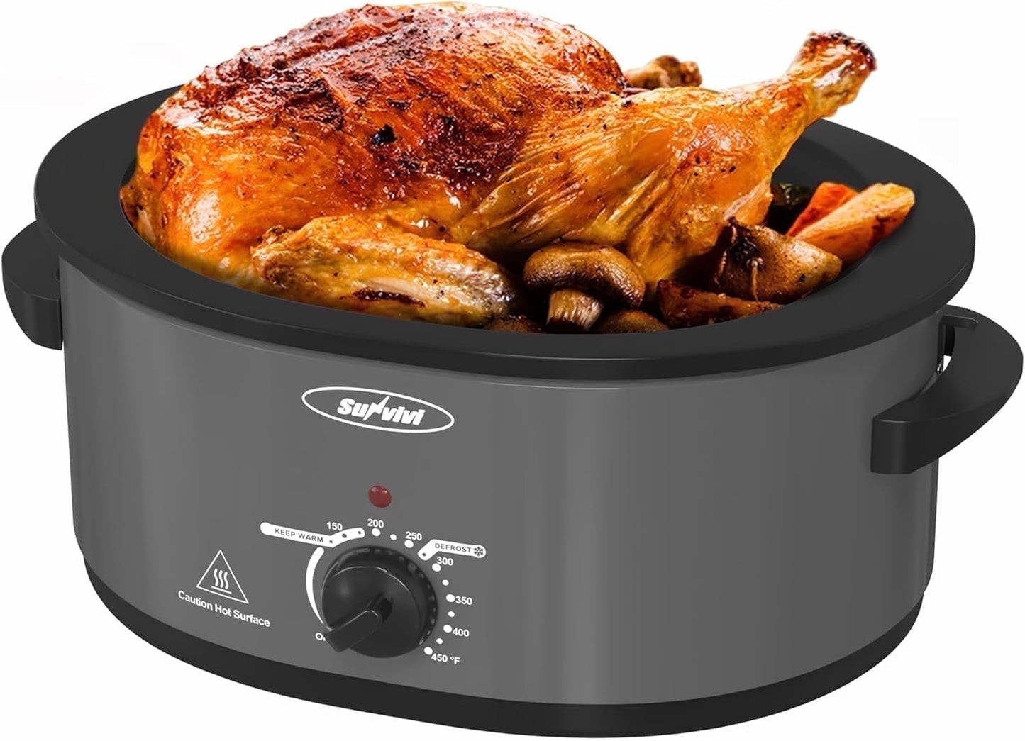 Superjoe 8 QT Electric Roaster Oven with Self-Basting Lid, Defrost Warm Function, Removable Pan, Stainless Steel, Grey