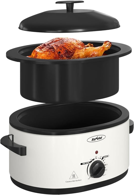 Superjoe 8-Quart Roaster Oven with Self-Basting Lid Lid, Electric Turkey Roaster Oven with Removable Pan and Rack, Stainless Steel, White