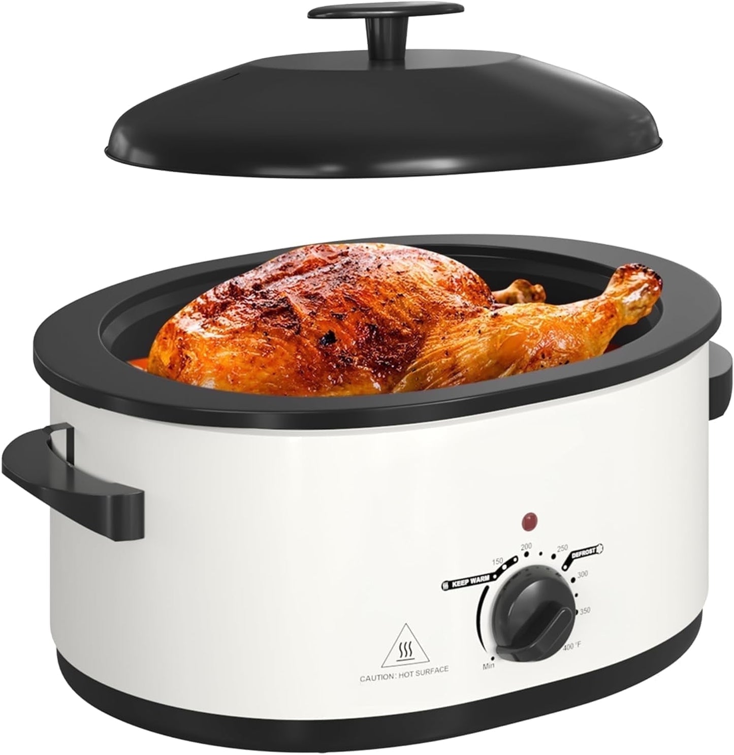 Superjoe 8QT Electric Roaster Oven, Self-Basting Lid, Defrost Warm Function, Removable Pan and Rack, Stainless Steel, White