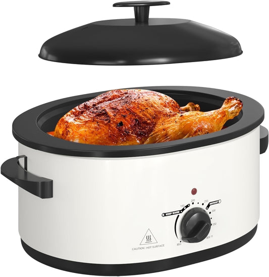 Superjoe 8QT Electric Roaster Oven, Self-Basting Lid, Defrost Warm Function, Removable Pan and Rack, Stainless Steel, White