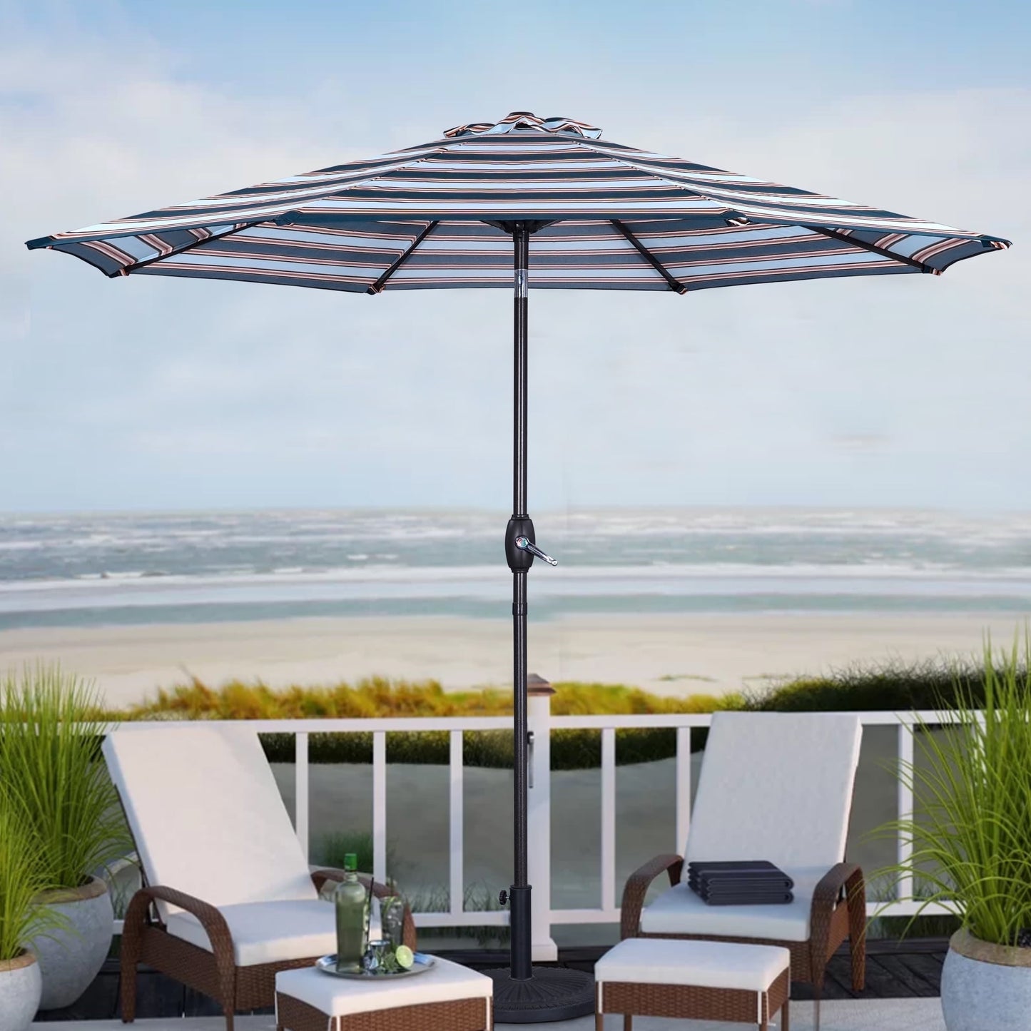 Superjoe 9 ft Striped Patio Umbrella Market Umbrella with Push Button Tilt and Crank, Blue & Brown Stripe