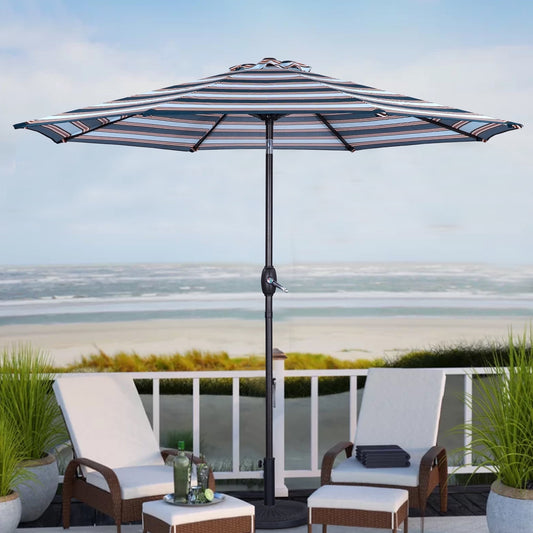 Superjoe 9 ft Striped Patio Umbrella Market Umbrella with Push Button Tilt and Crank, Blue & Brown Stripe