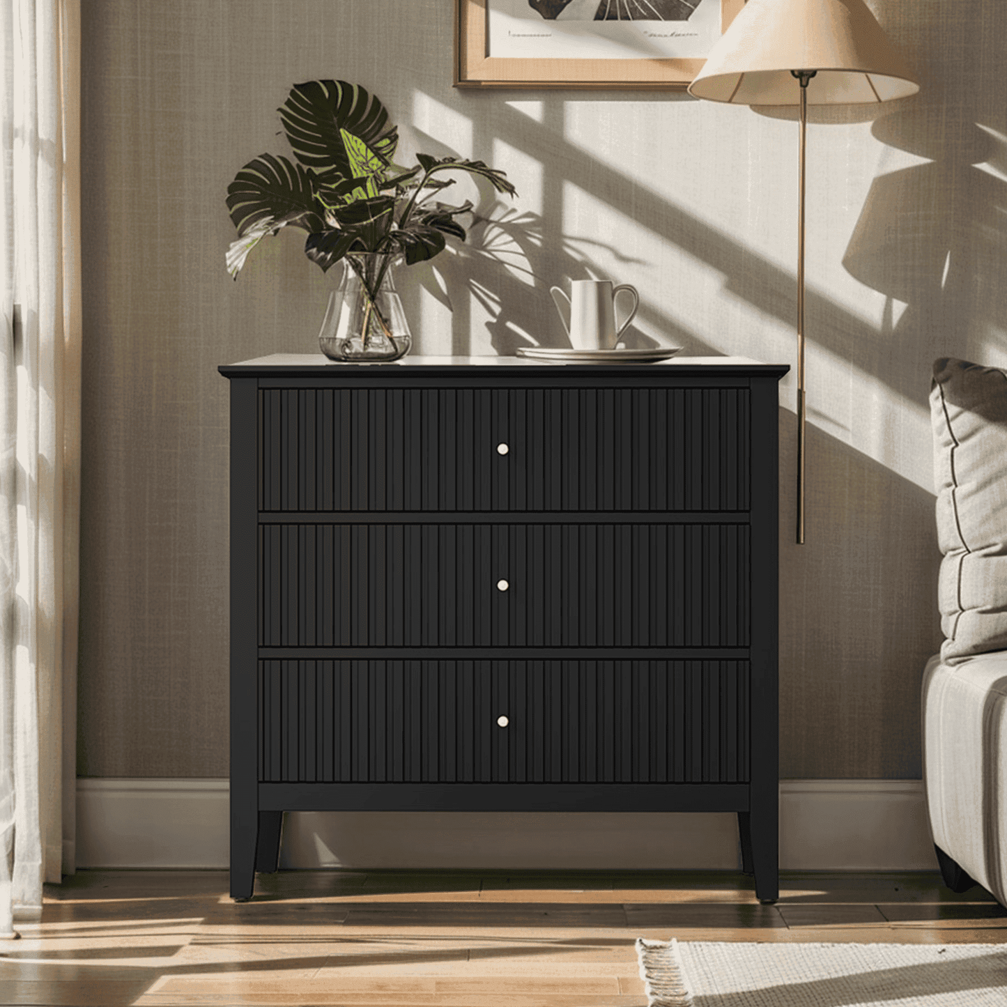 Heynemo Black 3 Drawer Dresser, Painted 30 Inch Tall Wood Nightstand with Storage, Wide Modern Chest of Drawers with Ball Bearing Slide for Bedroom Hallway Living Room Entryway Office