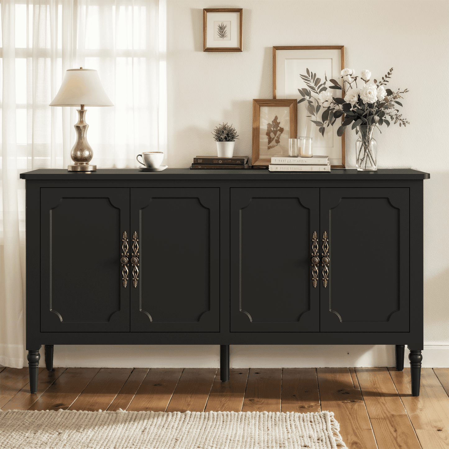 Superjoe Console Cabinet, 58'' Mid Century Modern Pantry Cabinet, Wood Buffet Cabinet, Media Cabinet with 4 Doors, Accent Cabinet for Entryway, Living Room, Bedroom, Dining Room (Black)