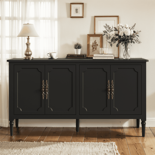 Superjoe Console Cabinet, 58'' Mid Century Modern Pantry Cabinet, Wood Buffet Cabinet, Media Cabinet with 4 Doors, Accent Cabinet for Entryway, Living Room, Bedroom, Dining Room (Black)